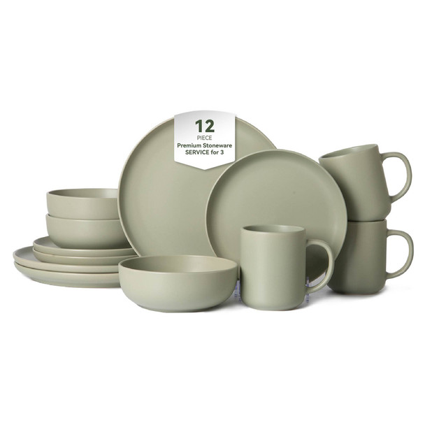 12-Piece Stoneware Dinnerware Sets with Mugs | Microwave & Dishwasher Safe | Non-Toxic Dinner Plates Bowls Set | Stackable Matte Glaze Kitchenware for 3