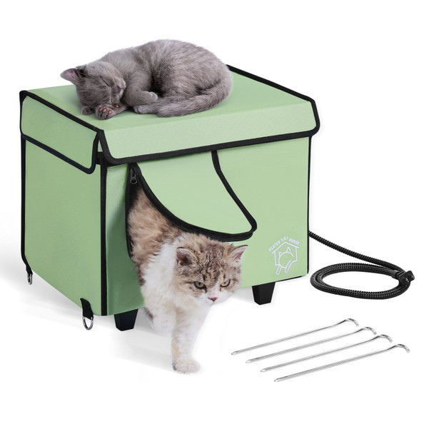 VEVOR Elevated Heated Cat House, Cuboid Kitty Shelter with Adjustable Temperature and Timer, 900D Oxford Cloth Foldable Cat Shelter with Heated Pad for Winter to Stay Warm and Cozy, Green (Small)