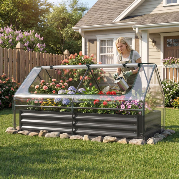 69 Inch 3-in-1 Mini Greenhouse with Raised Garden Bed Galvanized Steel Planter Box with Zippered Windows