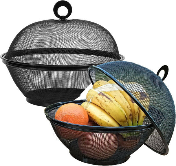 Fruit Basket With Lid - Decorative Fruit Bowl Metal Wire Basket Covered Fruit Bowl Strainer For Fruits Vegetables Fruit Display Stand Keeps Flies Out Φ10.7