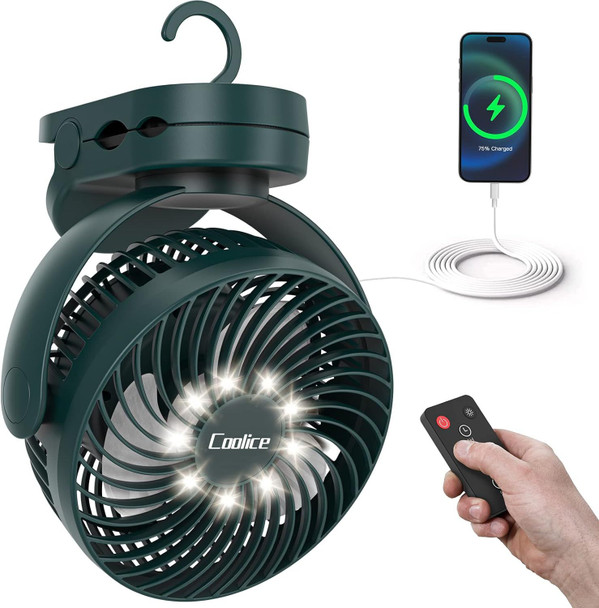Camping Fan with Remote Control - 12000mAh Rechargeable Battery Powered Fan, Camping Fans for Tents with LED light & Hanging Hook, Rechargeable Battery Operated Ceiling Fans for Tent RV Bed