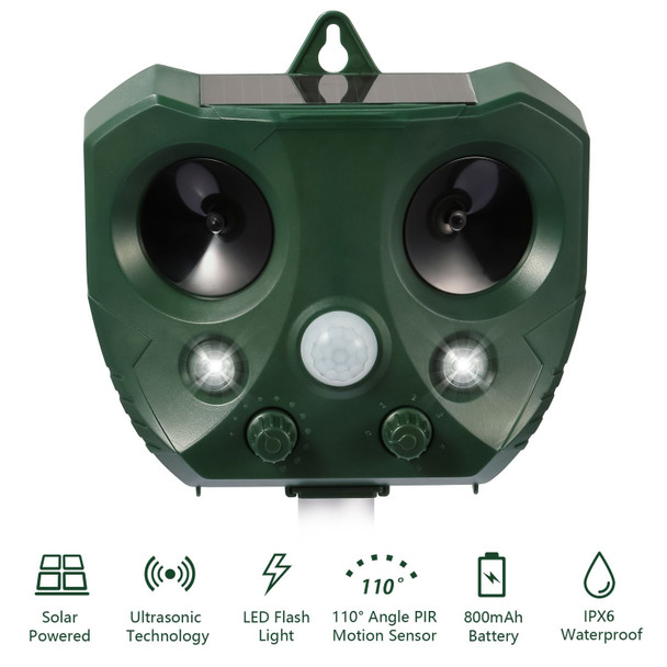 2026 Upgraded Outdoor Animal Repeller, Solar & USB Charging Ultrasonic Deterrent, IPX6 Waterproof with Strobe LED Light, 30ft Detection Range for Bird Mouse Skunk Rabbit Farm Patio Protection