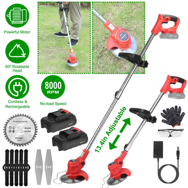 Electric Cordless Grass Trimmer Rechargeable Lawn Mower Weed Cutter with 2 Alloy Saw Blades 2 Alloy Blades 10 Plastic Blades 2 Rechargeable Batteries Goggles Gloves Auxiliary Handle