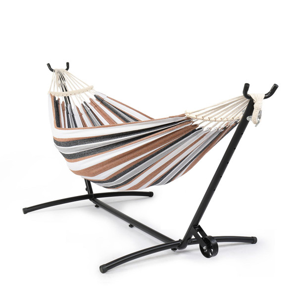 Double Hammock with Spreader Bar & Heavy-Duty 9ft Steel Wheel Stand, Brazilian Hammock Set, Portable Hammock with Stand for Outside, Backyard, Camping, Includes Carry Bag, Black & Coffee Strip