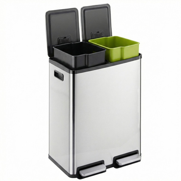 Trash Can with Lid - Large 60 Liter Stainless Steel Trash Can, Dual Compartment Plastic Inner Bucket (2 x 8 Gallon), Sealed Trash Can