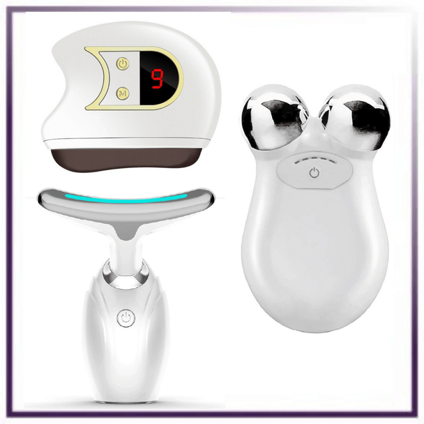 Set of 3- Lift, Sculpt and Glow Toolkit - LED Therapy, Electric Gua Sha and Microcurrent Toning Device for Radiant Skin - At-Home Facial Massager, Anti-Aging Beauty Set