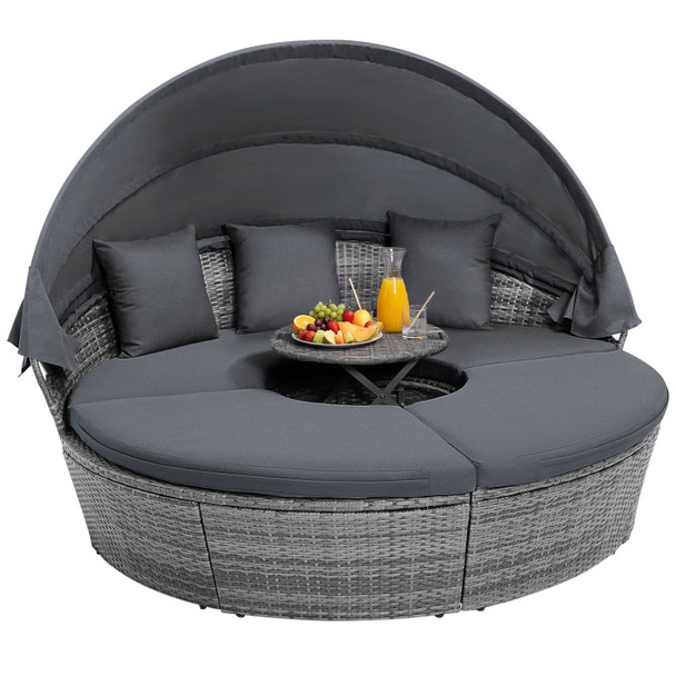 Outdoor PE Wicker Round Daybed with Retractable Canopy and Cushions