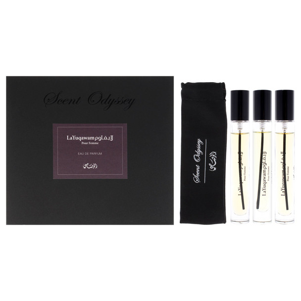 Scent Odyssey - La Yuqawam by Rasasi for Women - 3 Pc Mini Gift Set 0.25oz LaYuqawam Pour Femme EDP Spray, 0.25oz Jasmine Wisp EDP Spray, 0.25oz Orchid Prairie EDP Spray