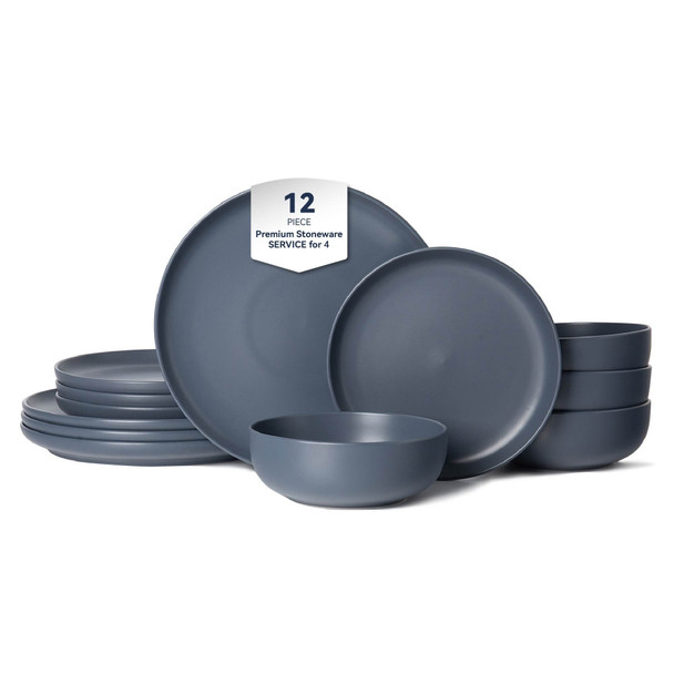 12-Piece Stoneware Dinner Plates Bowls Sets | Microwave & Dishwasher Safe | Non-Toxic Dinner Plates Bowls Set | Stackable Matte Glaze Kitchenware for 4