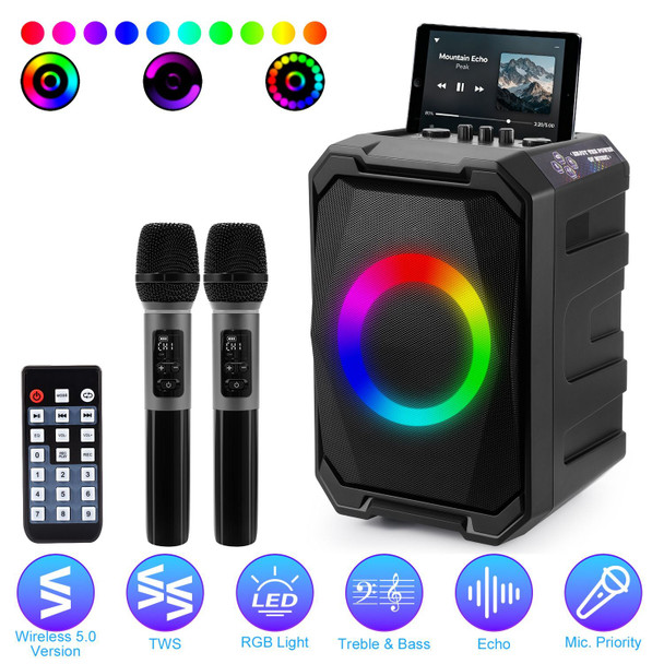 Portable Wireless Party Speaker with LED Light 2 Wireless Mics Remote Control TWS Music Accompany Mic. Priority Bass Echo Mic Treble Guitar In