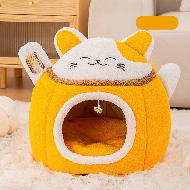 Cartoon Orange Cat Closed Cat Nest, Autumn and Winter with Velvet Warm Nest Mat, Semi Closed Pet House for Small Cats