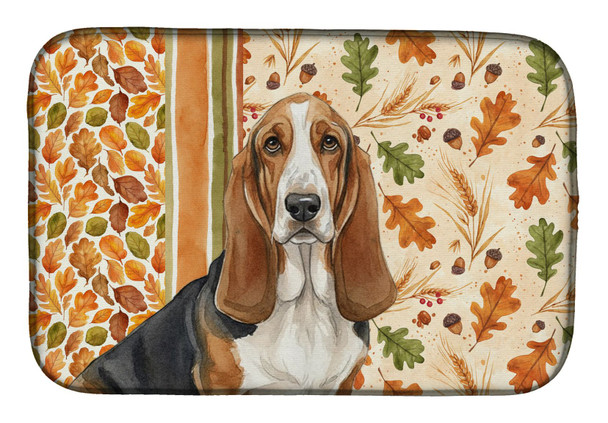 Tricolor and White Basset Hound Heirloom Fall Dish Drying Mat Absorbent Dish Drying Mat Pad for Kitchen Counter Dish Drainer Mat for Countertop, 14 x 21", Multicolor