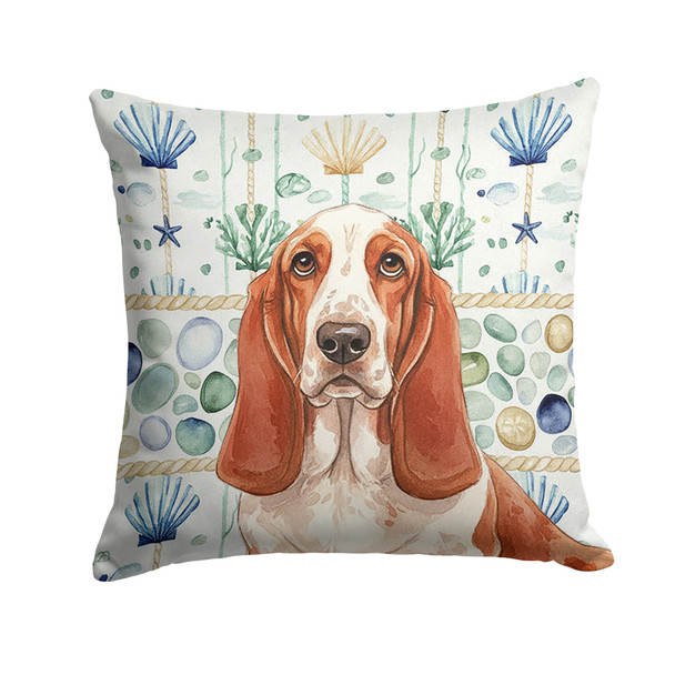 Red and White Basset Hound Coastal Sea Glass Throw Pillow Decorative Indoor Outdoor Accent Cushion for Couch, Bed or Patio, 18Hx18W