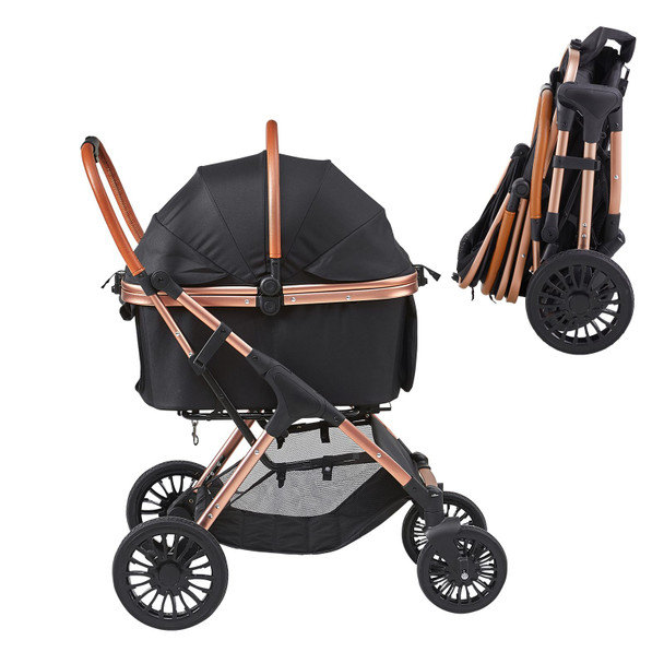 Pet Stroller, 4 Wheels Dog Stroller Rotate with Brakes, 66 lbs Weight Capacity, Puppy Stroller with Detachable Carrier, Storage Basket and Pet Pad, for Small to Medium Sized Dogs, Black