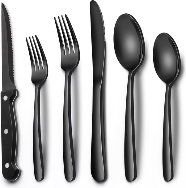 24-Piece Black Silverware Set with Steak Knives, Black Flatware Set for 4, Food-Grade Stainless Steel Tableware Cutlery Set, Mirror Finished Utensil Sets for Home Restaurant, Heavy Duty