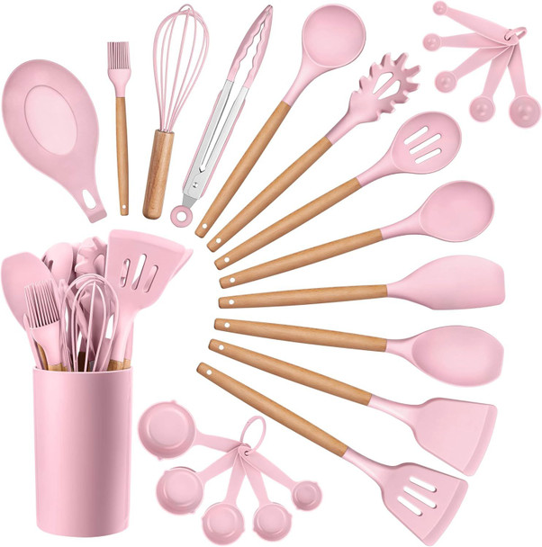 Kitchen Cooking Utensils Set, 23-Piece Silicone Kitchen Utensils Spatula Set with Holder, Heat Resistant Wooden Handle Kitchen Gadget for Nonstick Cookware, Food-grade Turner Spoon Sets (Pink)