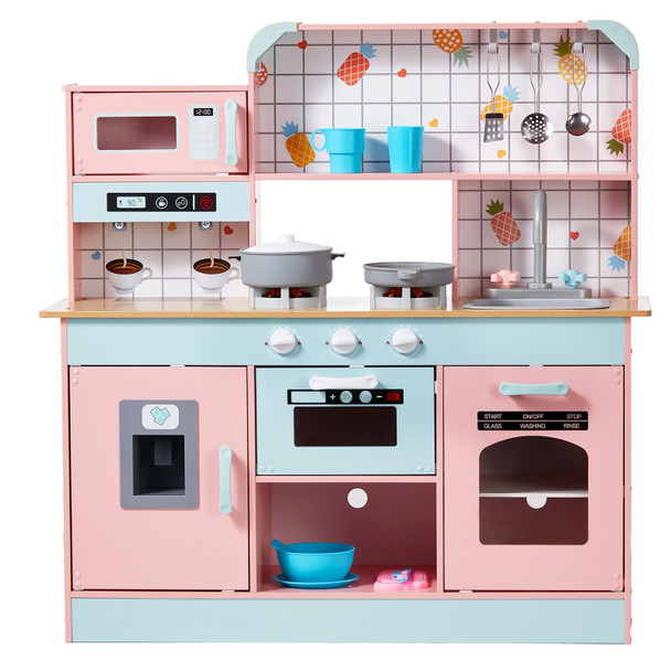 Play Kitchen for Kids, Wooden Toy Kitchen Set with Lights and Sounds, Toddler Kitchen with Ice Maker, Oven, Sink, Microwaves, Fridge and Utensil and Fruit Accessory for Toddlers ages 3-8,Pink