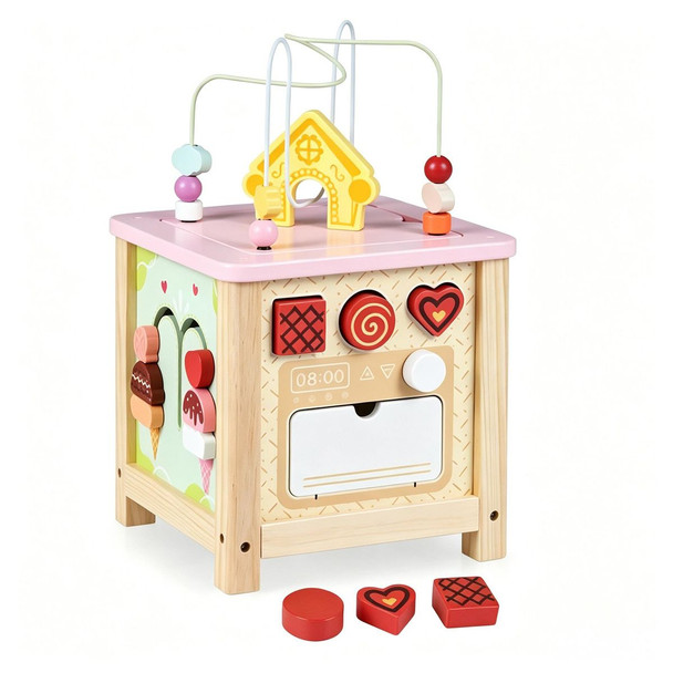 Wooden Activity Cube for Toddlers, Multi-Side Play Center with Pretend Kitchen & Storage Compartment, Montessori Educational Toy for 18+ Months