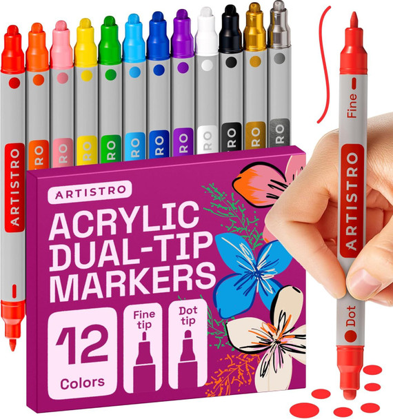 12 Acrylic Paint Markers for Rock, Fabric, Wood, Glass, Craft, Decoration - Dual-Tip Paint Pens - Stocking Stuffers, Christmas Gift Idea for Teens, Grandkids, Kids - Art Supplies