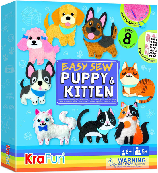 Easy Sewing Kit for Beginner Kids Arts & Crafts, 8 Easy DIY Projects of Stuffed Animal Dolls of Puppies & Kittens, Dogs and Cats, Instructions & Felt, Gift for Girls, Boys, Learn to Sew