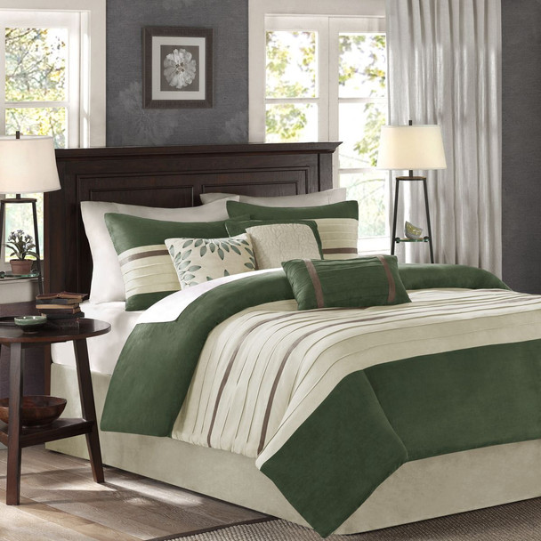 7 PC Pieced Faux Suede Comforter Set Green Queen