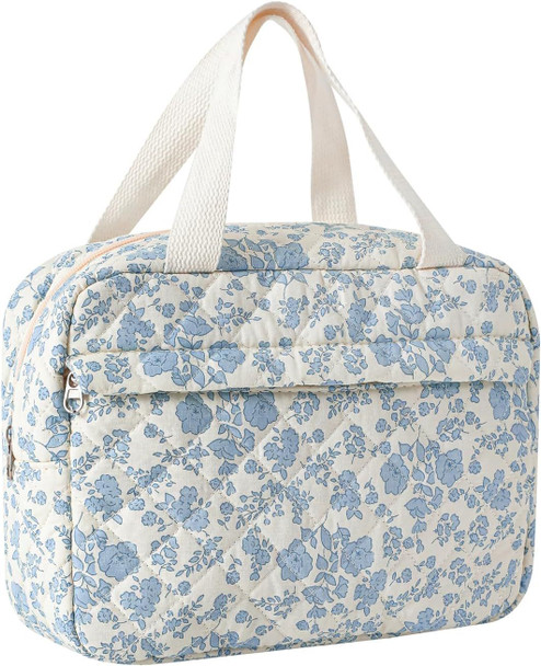 Large Size Quilted Coquette Makeup Bag, Cute Preppy Floral Cotton Travel Cosmetic Organizer Bag with Top Handle, Multi-Layer Travel Toiletry Pouch (Lightblue Flower)
