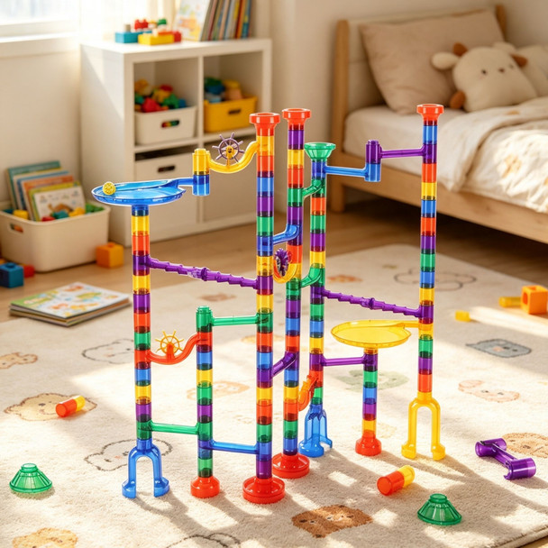 145-Piece Marble Maze Building Block Brain Game, Educational Race Track with 40 Glass & 5 Glow-in-the-Dark Marbles