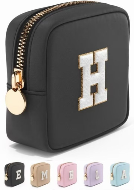 Small Monogram Makeup Bag, Personalized Initial Cosmetic Pouch with Zipper | Mini Black Nylon Cosmetic Bag with Zipper, Water-Resistant Beauty Pouch for Purse, Travel Essentials, Letter H