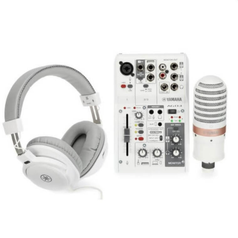 YAMAHA AG03 MK2 LSPK Complete White Live Streaming Package with Mixer, Mic, Cable & Headphones