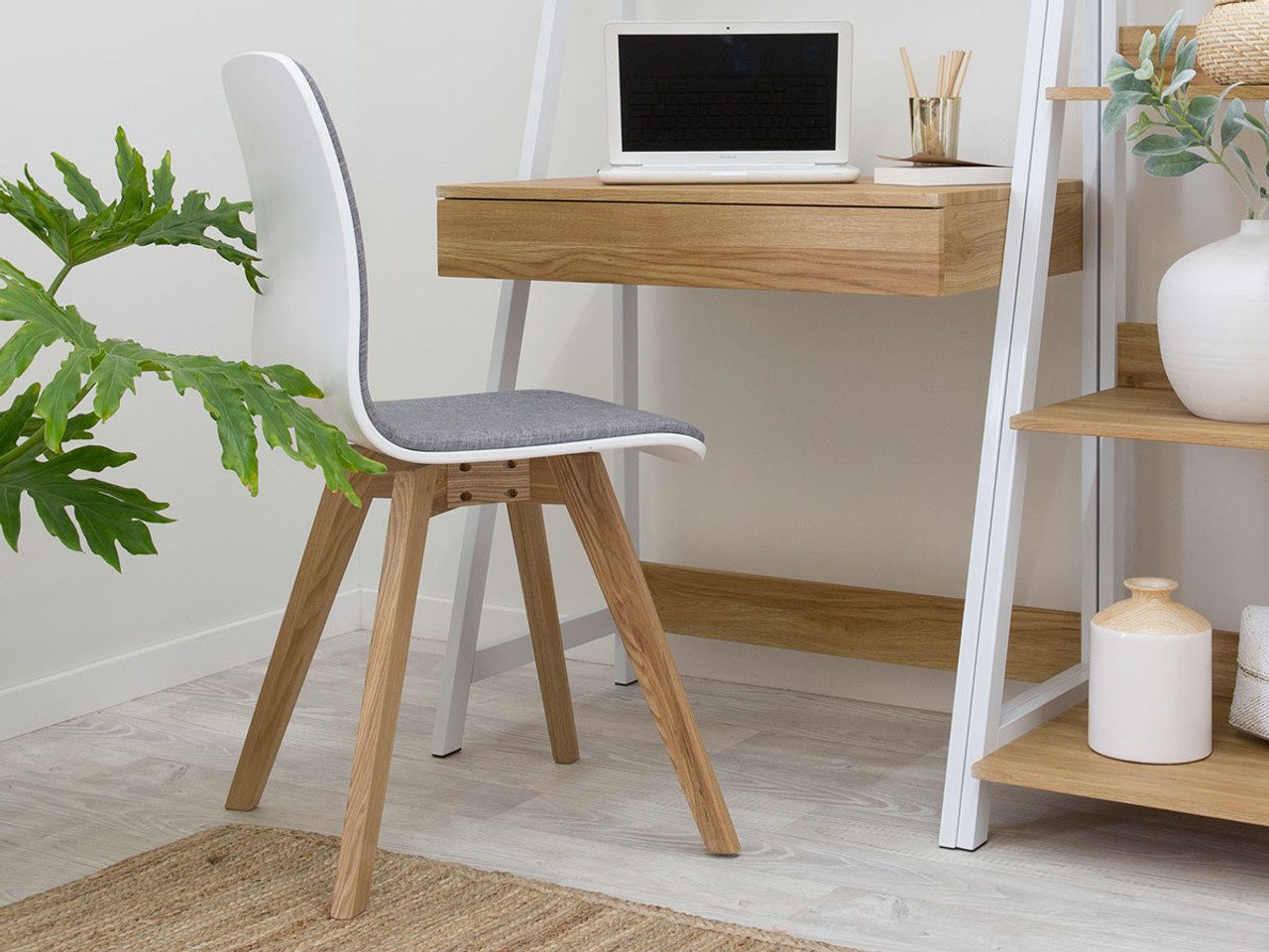 white desk chair with wooden legs