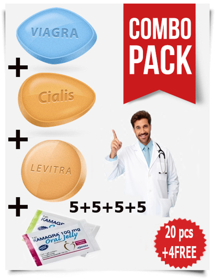 VIAGRA 100MG + CIALIS 20MG + LEVITRA 20MG + KAMAGRA JELLY 100MG (5+5+5+5) 20PCS +4FREEE