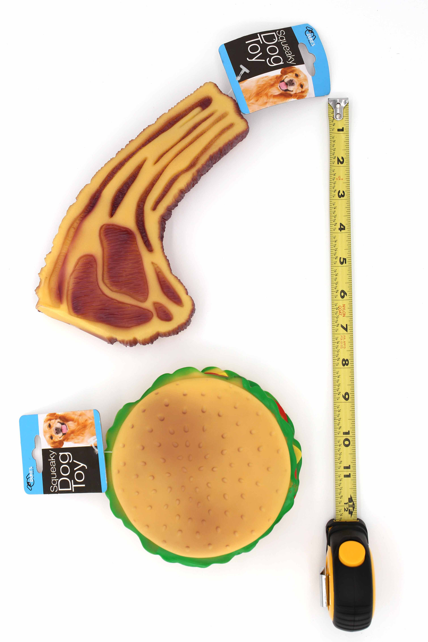 Steak or Hamburger Squeaky Dog Toy Showing Ruler