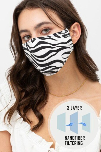 Zebra Print Fashion Face Mask with Built In Filter and Nose Bar
