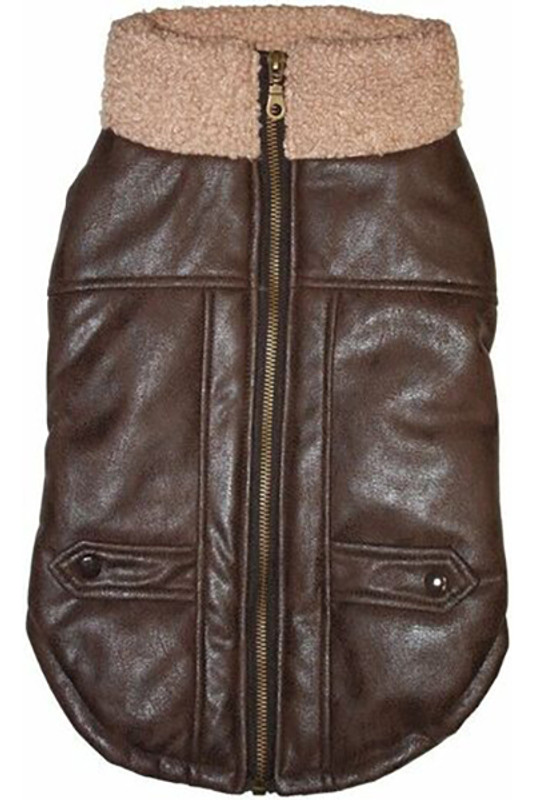 Brown Faux Leather Bomber Dog Jacket with Sherpa Trim by Fashion Pet