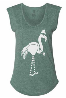 Green V-Neck Sleeveless Tee with Holiday Flamingo Print