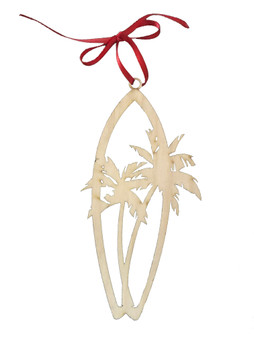 Wooden Palm tree surf board Christmas ornament sold by Socio Surf Co.