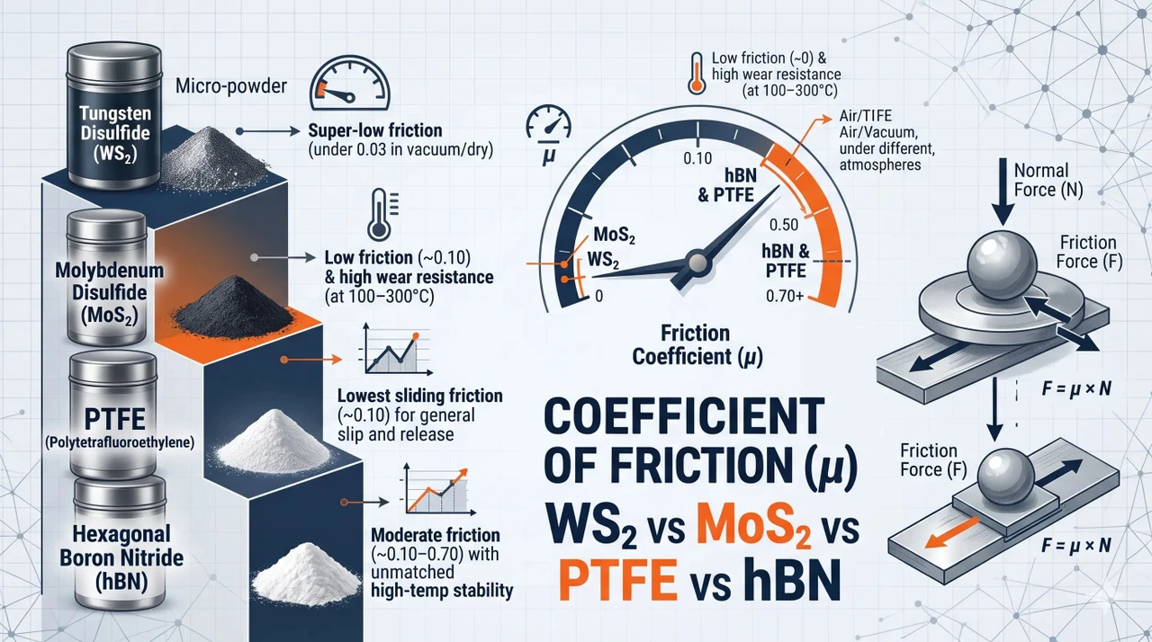 Dry Lubricant Friction Coefficients: WS2 vs MoS2 vs PTFE vs hBN
