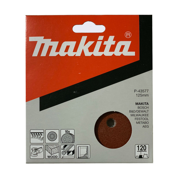 Makita P-43577 125mm Velcro Backed Abrasive Discs - 120 Grit (10 discs)