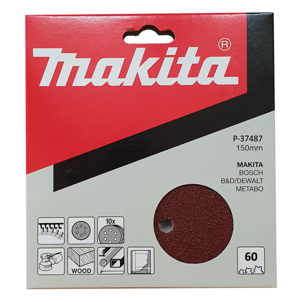 Makita P-37487 150mm Velcro Backed Abrasive Discs - 60 Grit (10 discs)