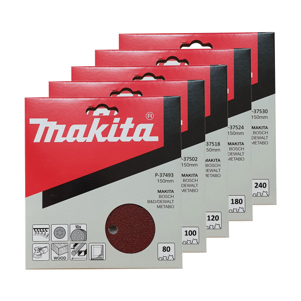 Makita 150mm Velcro Backed Abrasive Discs - Variety Pack (50 discs)