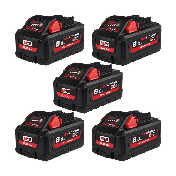 Milwaukee M18HB8 18v 8Ah Red Battery Five Pack (5x8Ah)