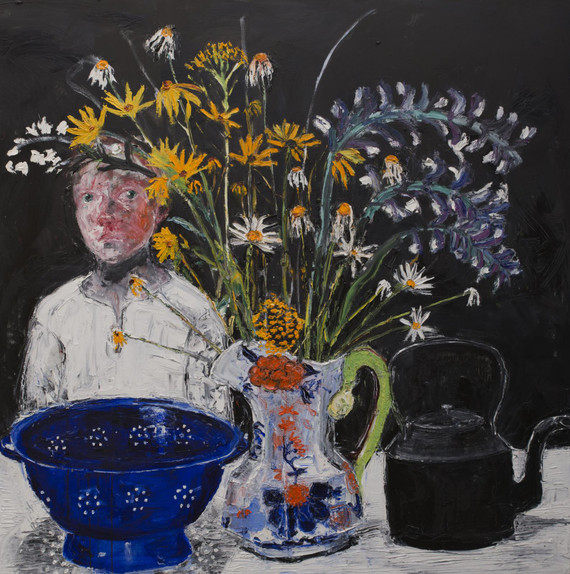 280 - Blue Colander, Gaudy Jug and Welsh Kettle