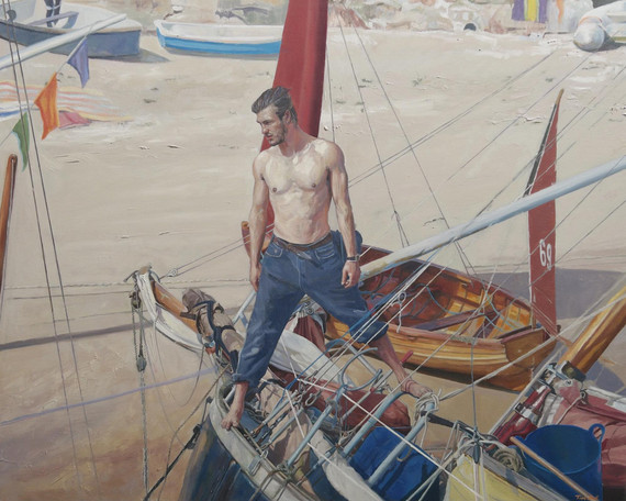 137 - A Sea Gypsy standing astride a Boat, Mousehole Harbour