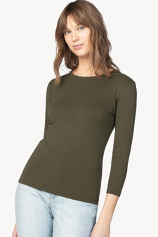Lilla P Crew Neck Cotton Tee with 3/4 Sleeves in Olive
