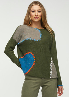 Zaget + Plover Scoop Neck Patchwork Sweater in Khaki Combo