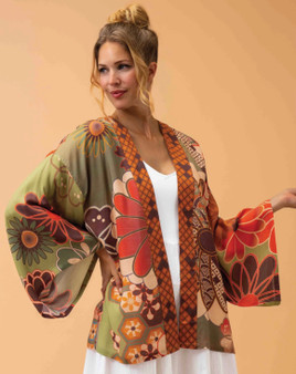 Powder UK 70s Kaleidoscope Floral Kimono Jacket in Sage