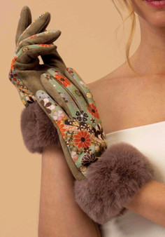 Powder UK Faux Suede Floral Print Gloves with Faux Fur Trim in Navy/Tan Powder UK Faux Suede Floral Print Gloves with Faux Fur Trim in Navy/Tan