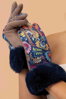 Powder UK Faux Suede Floral Print Gloves with Faux Fur Trim in Navy and Tan