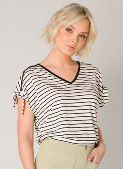 Yest Cap Sleeve Striped Textured Top with Ties