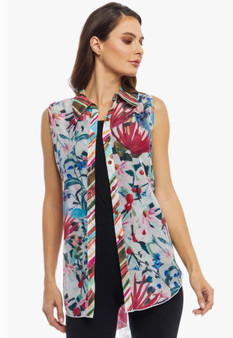 Adore Sheer Sleeveless Abstract Floral Print Shirt